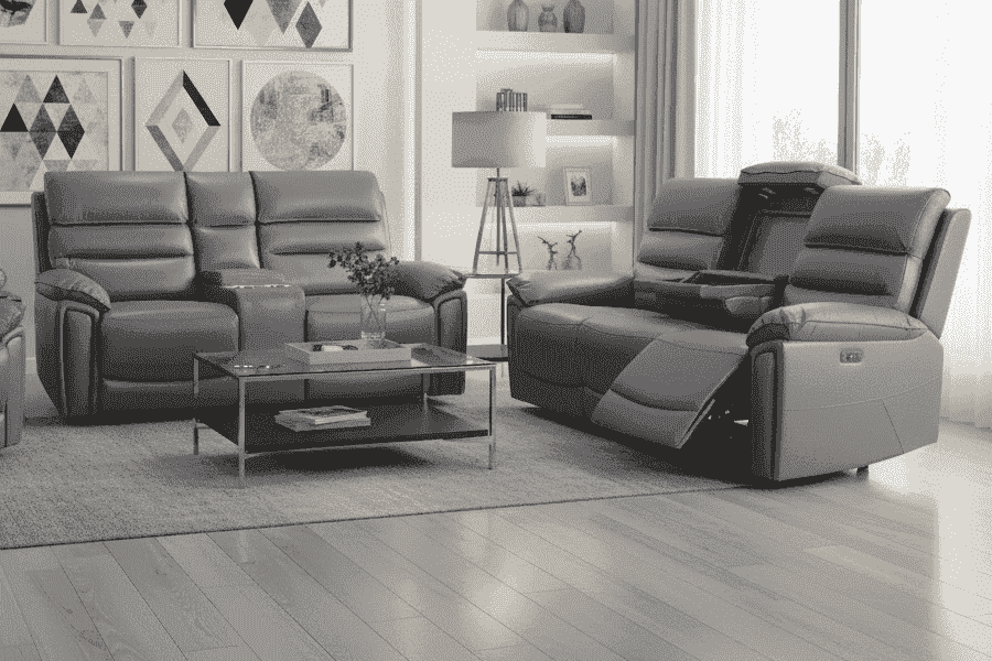 BUNDLE OFFER! DFS Lawson Grey Leather Electric Reclining 3 Seater + 2 Seater Sofa Set With Drinks Coolers, USB Charging Ports & Drop Down Tray Table With Reading Lights