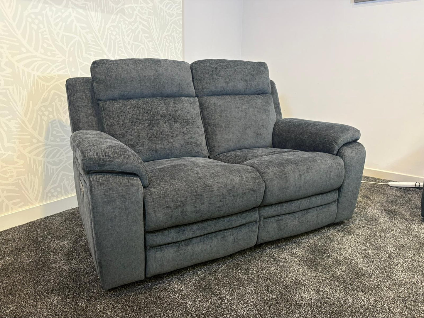 "Barretta" Electric / Power Reclining Grey Fabric Sofa Set - USB Charging & Drinks Tray Table