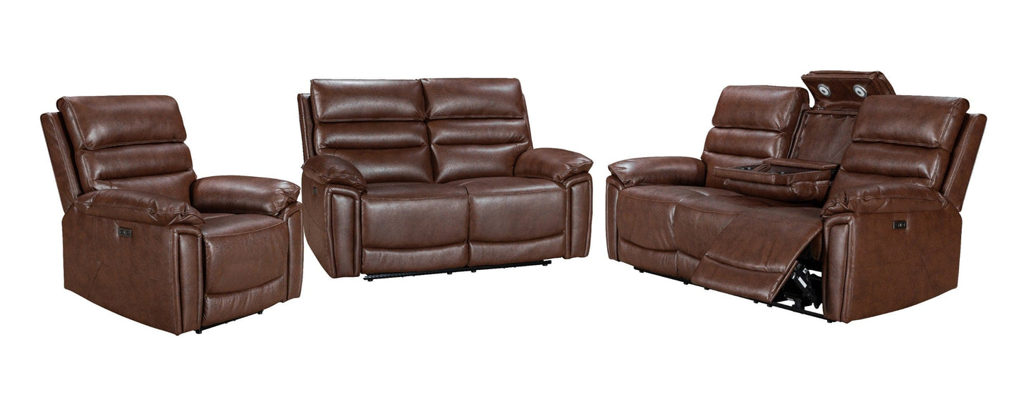 Donald Brown Leather Electric / Power Reclining Sofa Range Suite Set With USB Charging Ports & Drop Down Tray Table