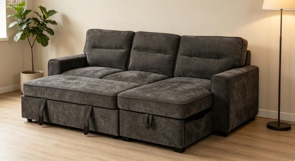 (Back in stock 15th August) 'Lionel' Charcoal Grey Fabric Right Hand Facing Corner Sofa Bed With Storage