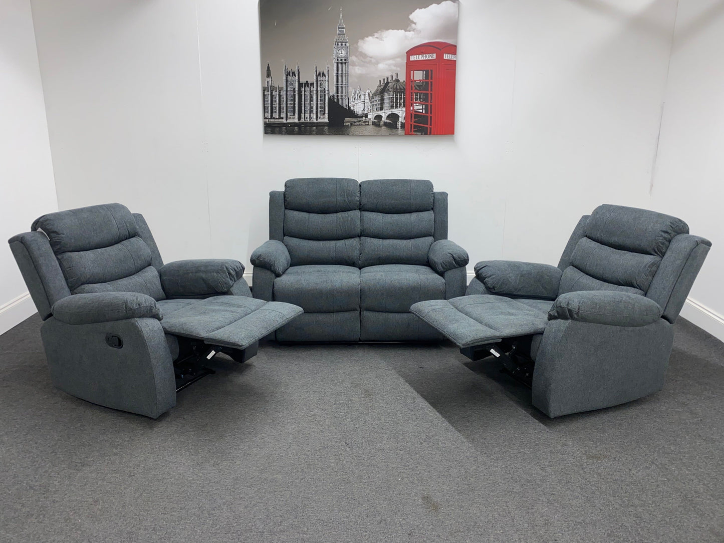 ‘Lewson’ Charcoal Grey Fabric Recliner 2 + 1 + 1 Seater Sofa + Armchair Sofa Suite Set | Couch |