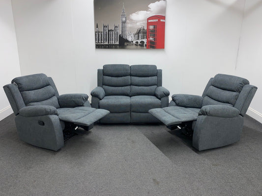 ‘Lewson’ Charcoal Grey Fabric Recliner 2 + 1 + 1 Seater Sofa + Armchair Sofa Suite Set | Couch |