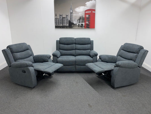 ‘Lewson’ Charcoal Grey Fabric Recliner 2 + 1 + 1 Seater Sofa + Armchair Sofa Suite Set | Couch |