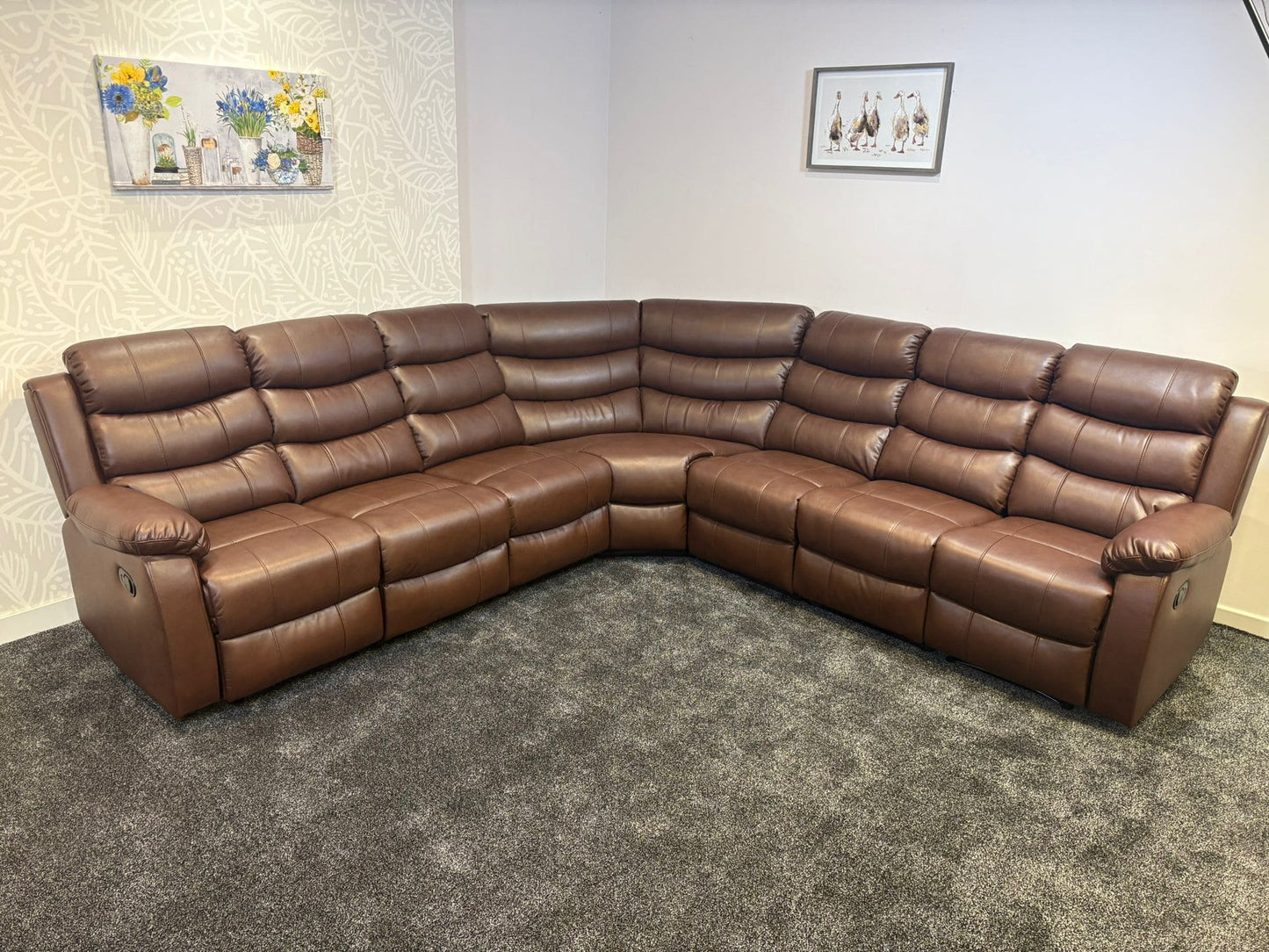 "Lando" Brown Leather 3C3 Recliner Corner Sofa | Drinks Tray Table x 2 | Modular