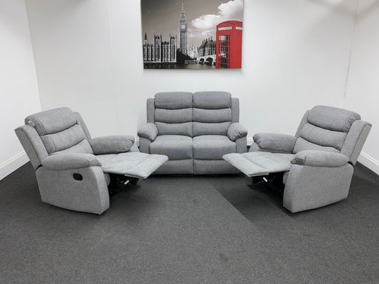 ‘Lewson’ Grey Fleck Fabric Recliner 2 + 1 + 1 Seater Sofa & Armchair Suite Set | Couch |