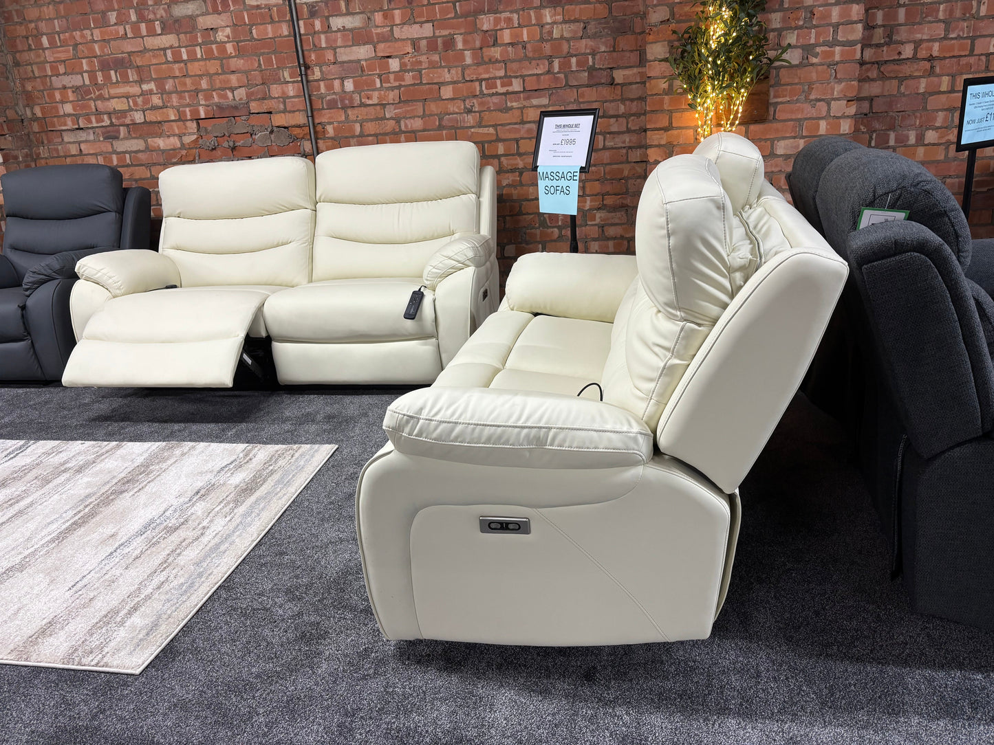 "Bertie" Cream Leather Electric Reclining Massage Sofa Range With Power Headrests & USB Charging Ports For Ultimate Comfort
