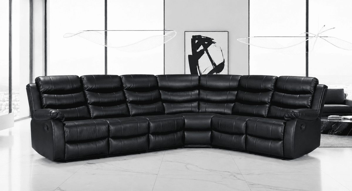 Black Leather 'Lando' 3c2 Reclining Corner Sofa | Reversible & Modular | Drinks Console | High Backrest | Built To Fit Any Home | Couch