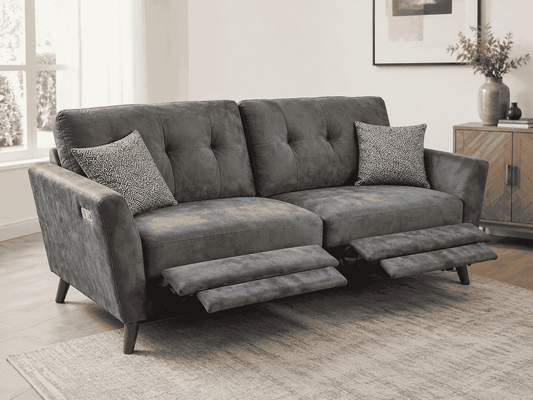 Bundle Deal! 'Angleo' Electric Recliner Grey Plush Velvet Fabric 3 Seater + 2 Seater Sofa Set Range | Couch