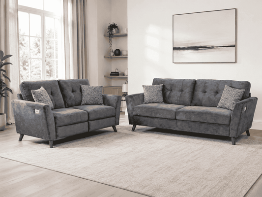 'Angleo' Electric Recliner Grey Plush Velvet Fabric 3 Seater, 2 Seater & Armchair Sofa Set Range | Couch |