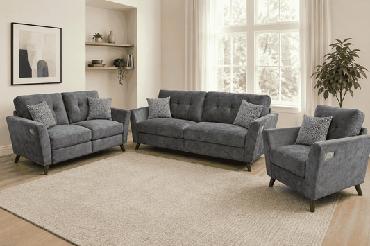 Bundle Deal! 'Angleo' Electric Recliner Grey Plush Velvet Fabric 3 Seater + 2 Seater + Armchair Sofa Set