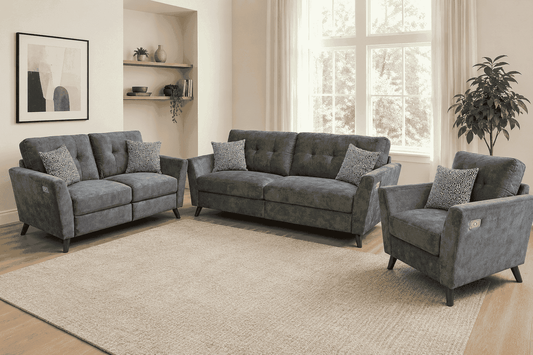 Bundle Deal! 'Angleo' Electric Recliner Grey Plush Velvet Fabric 3 Seater + 2 Seater + Armchair Sofa Set