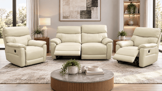 Package Deal! "Prime" Ivory Cream Leather Electric Reclining 2 Seater + 2 Armchairs Sofa Suite Set + USB Ports