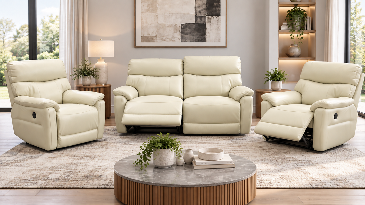 Package Deal! "Prime" Ivory Cream Leather Electric Reclining 2 Seater + 2 Armchairs Sofa Suite Set + USB Ports