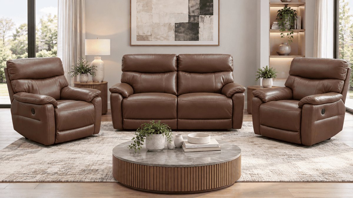 Package Deal! "Prime" Brown Leather Electric Reclining 2 Seater + 2 Armchairs Sofa Suite Set + USB Ports
