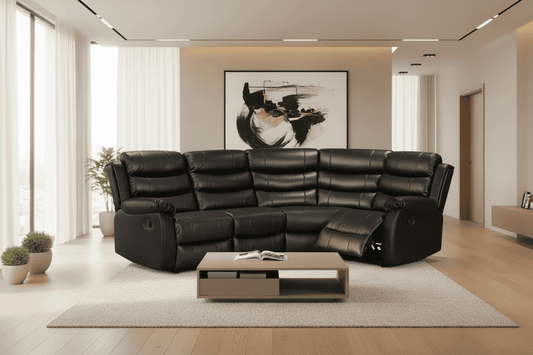 Black Leather 'Lando' 2c1 Reclining Corner Sofa | Reversible & Modular | High Backrest | Built To Fit Any Home | Couch |