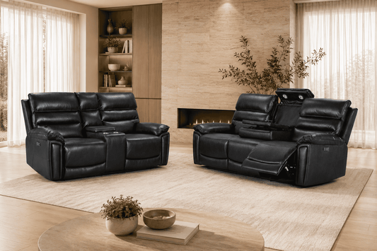 Calisese Black Leather Electric Reclining 3 Seater + 2 Seater With Drinks Console Sofa Range Suite Set With USB Charging Ports & Drop Down Tray Table