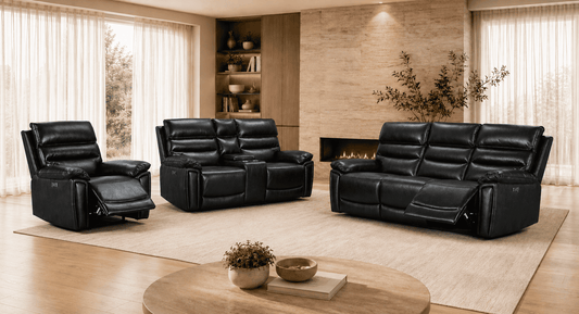 THIS WHOLE SET! Calisese Black Leather Electric Reclining 3 Seater + 2 Seater With Drinks Console + Armchair Sofa Set Suite With USB Charging Ports & Drop Down Tray Table