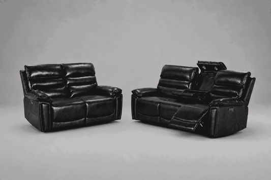 Calisese Black Leather Electric Reclining Sofa Range Suite Set With USB Charging Ports & Drop Down Tray Table