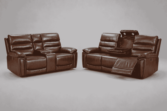Calisese Brown Leather Electric Reclining 3 Seater + 2 Seater With Console Sofa Set With USB Charging Ports & Drop Down Tray Table