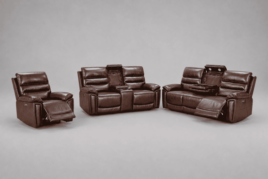 BUNDLE DEAL! Calisese Brown Leather Electric Reclining 3 Seater + 2 Seater With Drinks Console + Armchair Sofa Range Suite Set With USB Charging Ports & Drop Down Tray Table