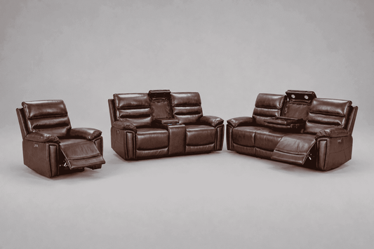 BUNDLE DEAL! Calisese Brown Leather Electric Reclining 3 Seater + 2 Seater With Drinks Console + Armchair Sofa Range Suite Set With USB Charging Ports & Drop Down Tray Table