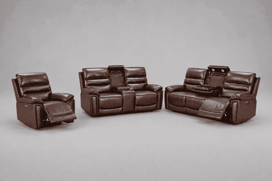 BUNDLE DEAL! Calisese Brown Leather Electric Reclining 3 Seater + 2 Seater With Drinks Console + Armchair Sofa Range Suite Set With USB Charging Ports & Drop Down Tray Table