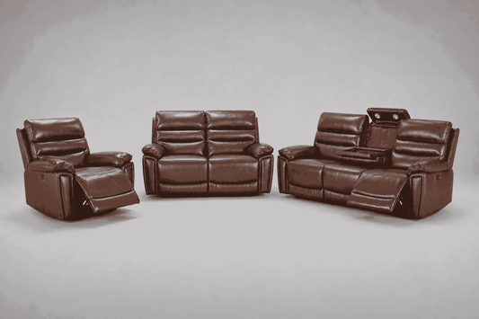 Calisese Brown Leather Electric Reclining Sofa 3 Seater + 2 Seater + Armchair Set Suite With USB Charging Ports & Drop Down Tray Table