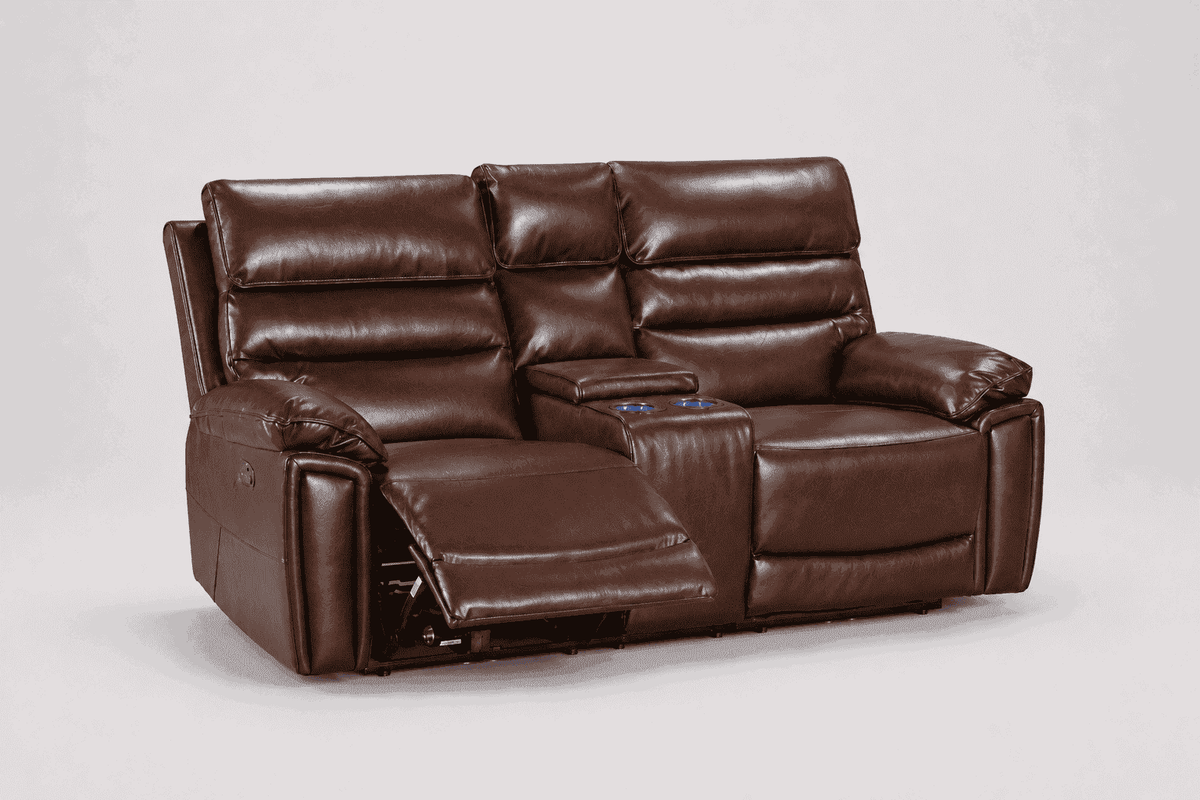 Calisese Brown Leather Electric Reclining 3 Seater + 2 Seater With Console Sofa Set With USB Charging Ports & Drop Down Tray Table