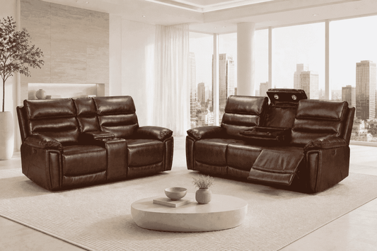 Calisese Brown Leather Electric Reclining Sofa Range Suite Set With USB Charging Ports & Drop Down Tray Table