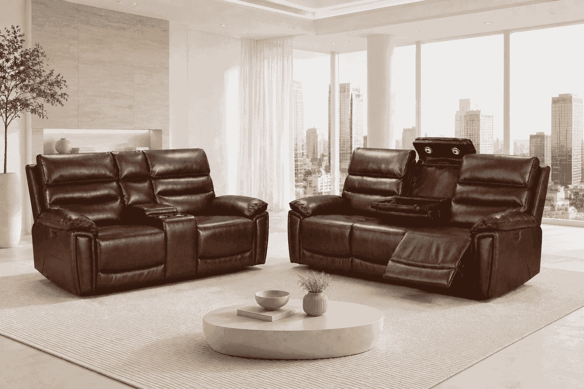 Calisese Brown Leather Electric Reclining Sofa Range Suite Set With USB Charging Ports & Drop Down Tray Table