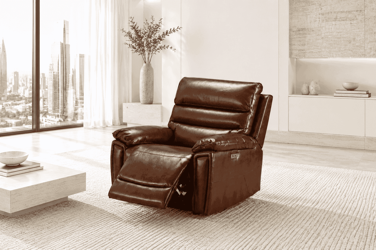 Calisese Brown Leather Electric Reclining Sofa Range Suite Set With USB Charging Ports & Drop Down Tray Table