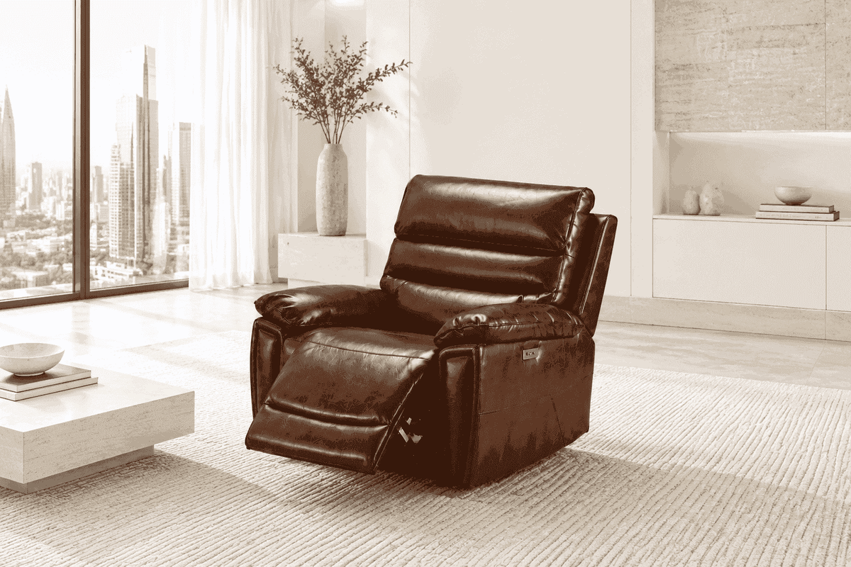 Calisese Brown Leather Electric Reclining Sofa Range Suite Set With USB Charging Ports & Drop Down Tray Table