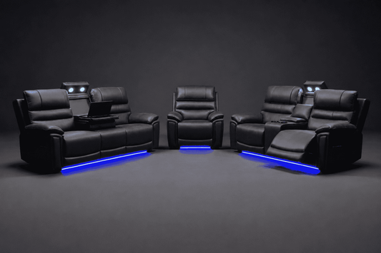 Donald Cinema Sofas | Drinks Coolers | Wireless Charging | Bluetooth Speakers | Power Adjustable Headrests | Express Smart Tech Grey Fabric Power Recliner Sofa Range | Couch |