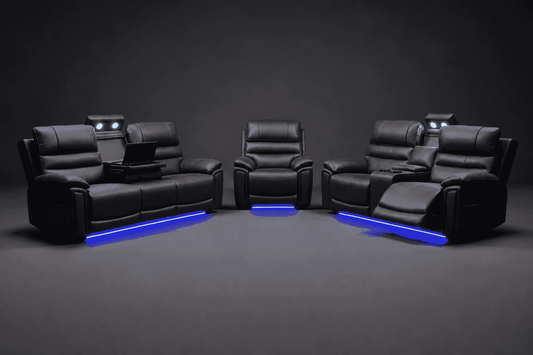 Donald Cinema Sofas | Drinks Coolers | Wireless Charging | Bluetooth Speakers | Power Adjustable Headrests | Express Smart Tech Grey Fabric Power Recliner Sofa Range | Couch |