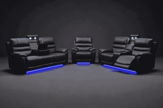 Donald Cinema Sofas | Drinks Coolers | Wireless Charging | Bluetooth Speakers | Power Adjustable Headrests | Express Smart Tech Grey Fabric Power Recliner Sofa Range | Couch |