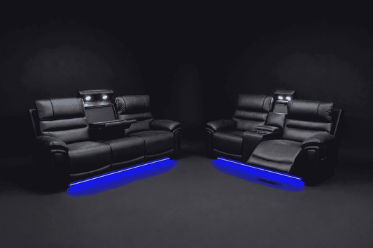 Donald Cinema 3 Seater + 2 Seater Set | Drinks Coolers | Wireless Charging | Bluetooth Speakers | Power Adjustable Headrests | Express Smart Tech Grey Fabric Power Recliner Sofa Range | Couch