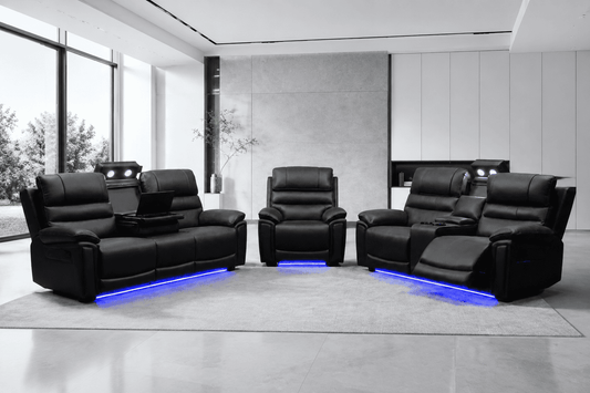 Donald Cinema 3 Seater + 2 Seater + Armchair Sofa Set | Drinks Coolers | Wireless Charging | Bluetooth Speakers | Power Adjustable Headrests | Express Smart Tech Grey Fabric Power Recliner Sofa Range | Couch |