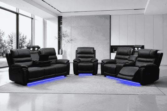 Donald Cinema 3 Seater + 2 Seater + Armchair Sofa Set | Drinks Coolers | Wireless Charging | Bluetooth Speakers | Power Adjustable Headrests | Express Smart Tech Grey Fabric Power Recliner Sofa Range | Couch |