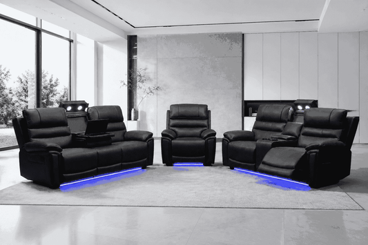 Donald Cinema 3 Seater + 2 Seater + Armchair Sofa Set | Drinks Coolers | Wireless Charging | Bluetooth Speakers | Power Adjustable Headrests | Express Smart Tech Grey Fabric Power Recliner Sofa Range | Couch |