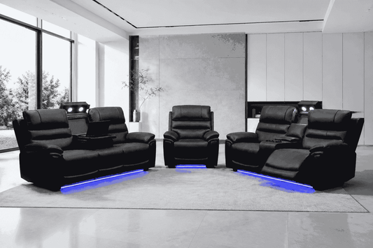 Donald Cinema 3 Seater + 2 Seater + Armchair Sofa Set | Drinks Coolers | Wireless Charging | Bluetooth Speakers | Power Adjustable Headrests | Express Smart Tech Grey Fabric Power Recliner Sofa Range | Couch |