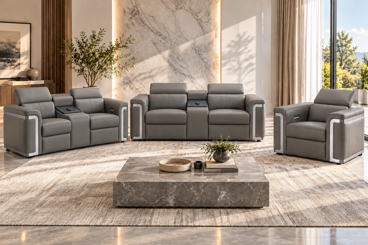 Plaza Top Grain Grey Leather Power Recliner Sofa Range with Adjustable Headrests