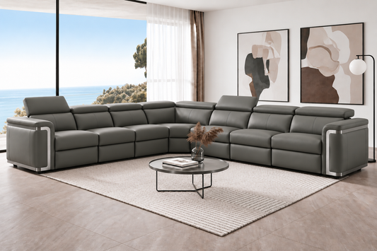 Plaza Electric Recliner Charcoal Milano Top Grain Leather Corner Sofa With Charging Console