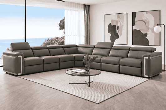 Plaza Electric Recliner Charcoal Milano Top Grain Leather Corner Sofa With Charging Console