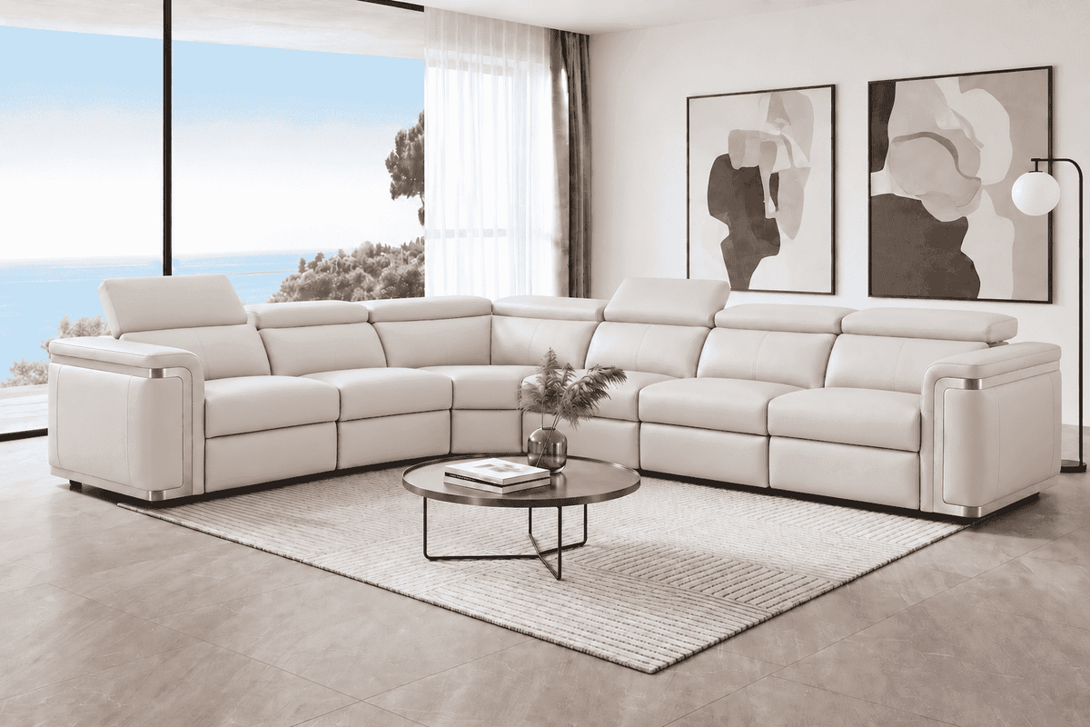 Plaza Electric Recliner Silver Top Grain Leather Corner Sofa With Charging Console