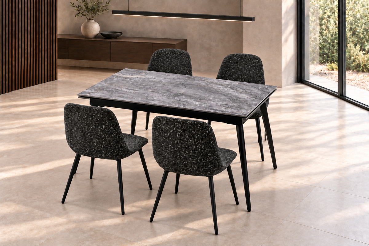 (Pre Order Deal, Arriving December 15th) "Regis" 120cm-180cm Ceramic Extending Dining Table & Grey Leather Yukon Charcoal Grey Fleck Fabric Dining Chairs Set
