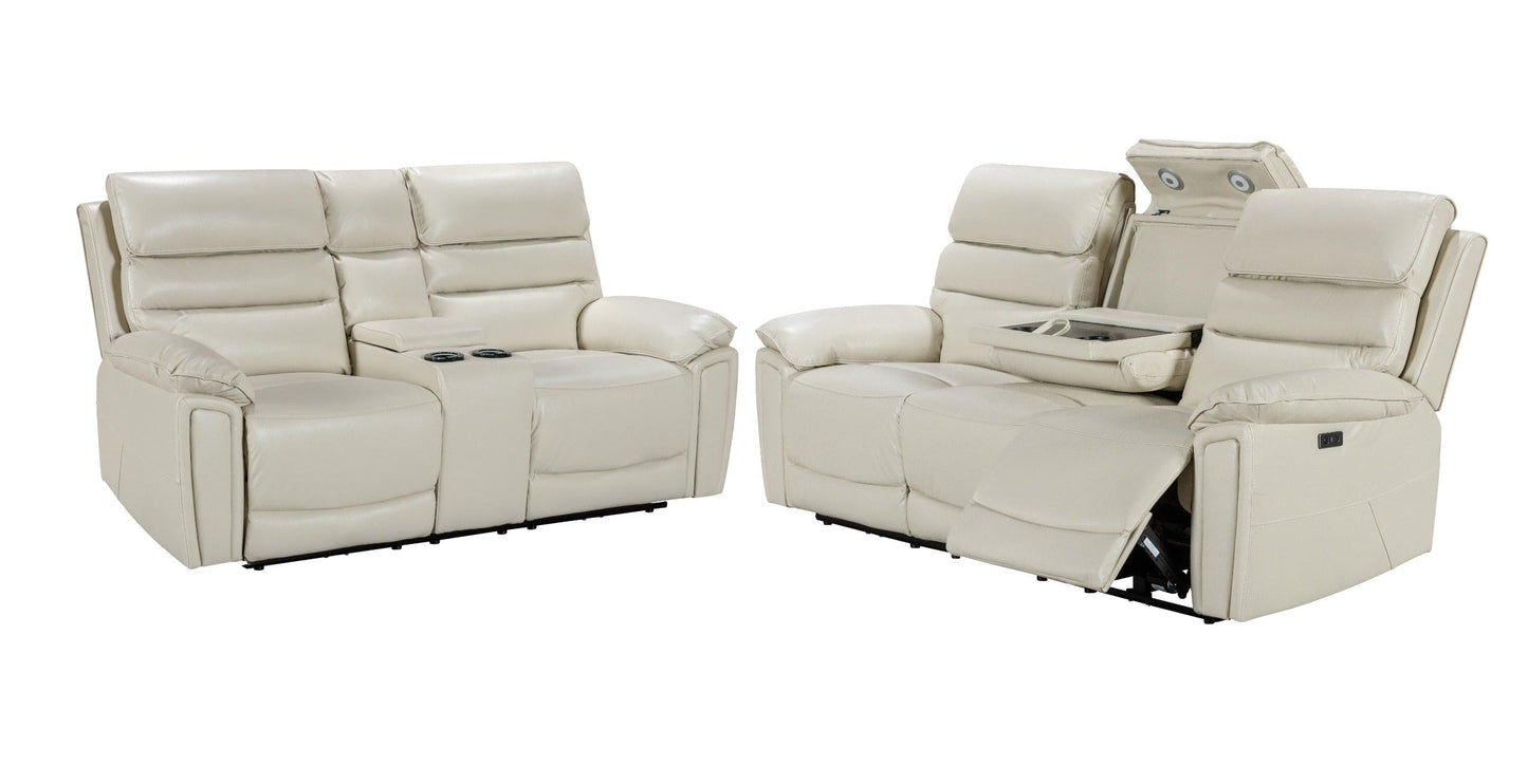 Donald Ivory Cream Leather Electric / Power Reclining Sofa Range Suite Set With USB Charging Ports & Drop Down Tray Table