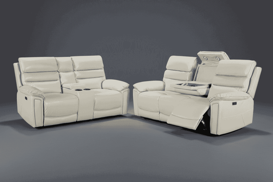 Bundle Deal! Calisese Ivory Leather Electric Reclining 3 Seater + 2 Seater With Drinks Cooling Cupholders Sofa Set With USB Charging Ports & Drop Down Tray Table