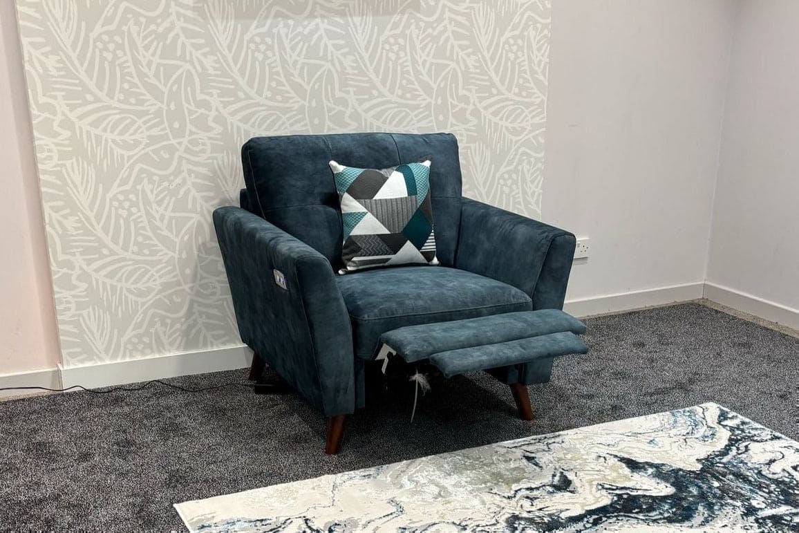 DFS Electric Recliner Ocean / Blue Plush Velvet Fabric 3 Seater, 2 Seater & Armchair Sofa Set Range