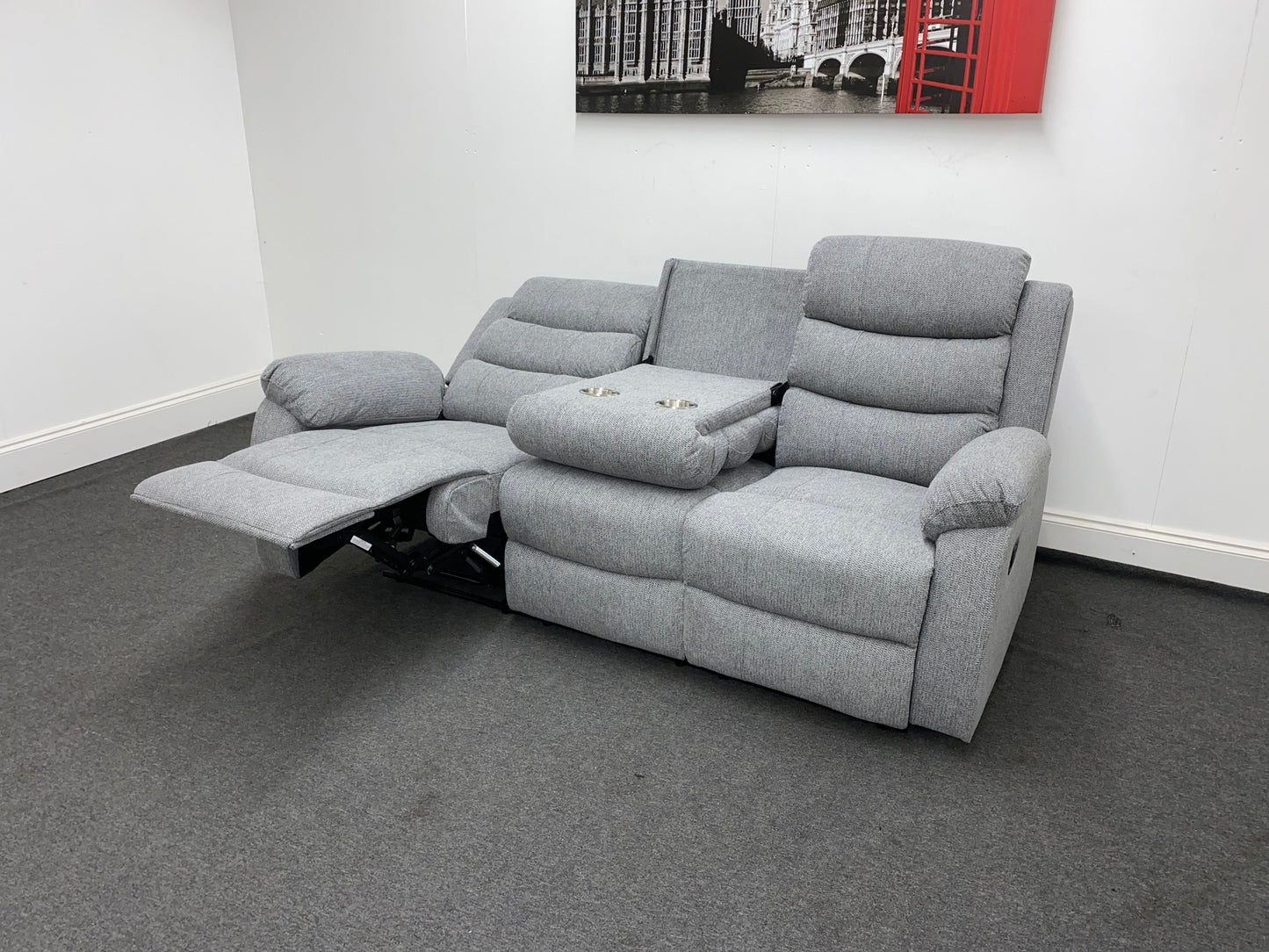 SPECIAL OFFER "Lewson" Manual Reclining Grey Fleck Fabric Sofa Set + Drinks Tray Table