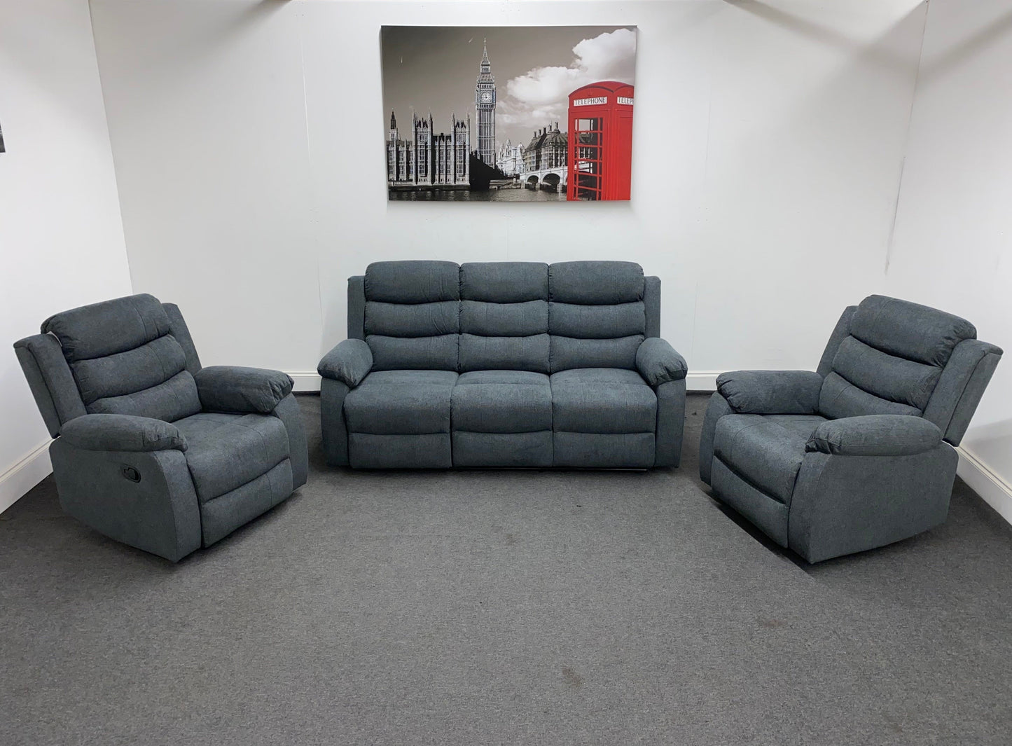 ‘Lewson’ Charcoal Grey Fabric Recliner 3 + 1 + 1 Seater with Drinks Tray Table